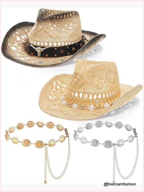 Straw Cowboy Hat Set with Shapeable Brim & Concho Belts